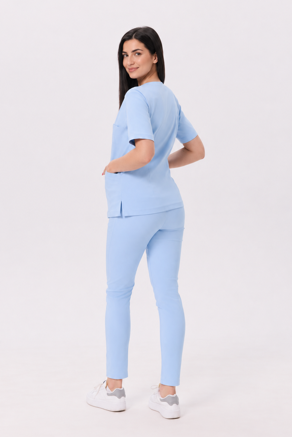 Spodnie medyczne damskie skinny Ella, kolor pastelowy błękit, tył