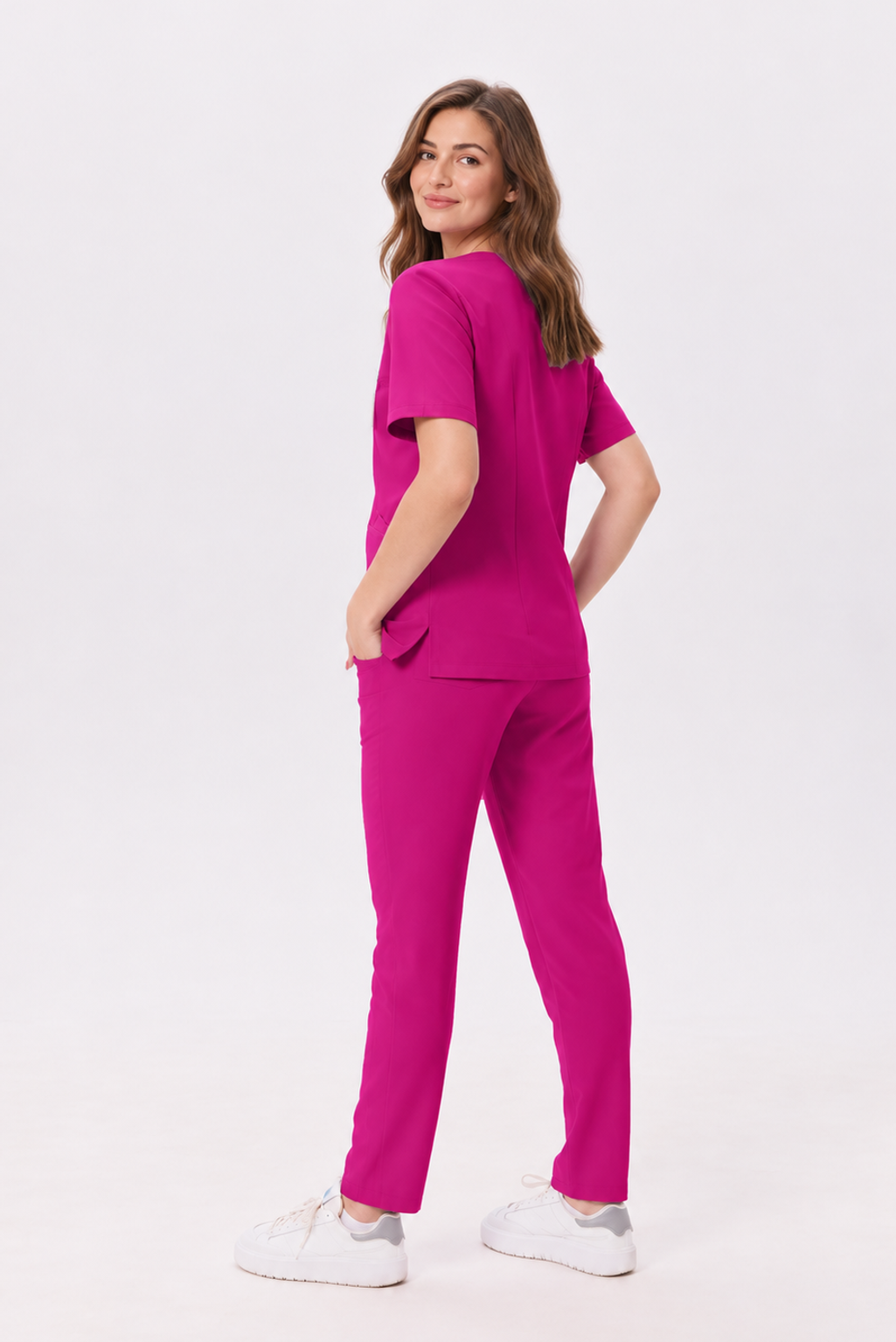 Bluza medyczna damska w serek Livia, kolor amarant, tył