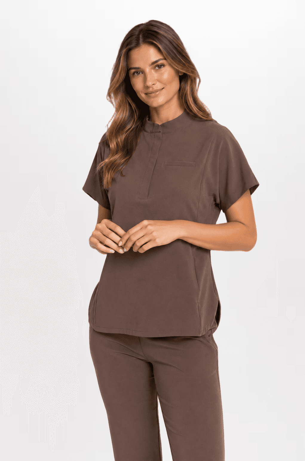 Damska bluza medyczna kimono Nina — kolor espresso, przód