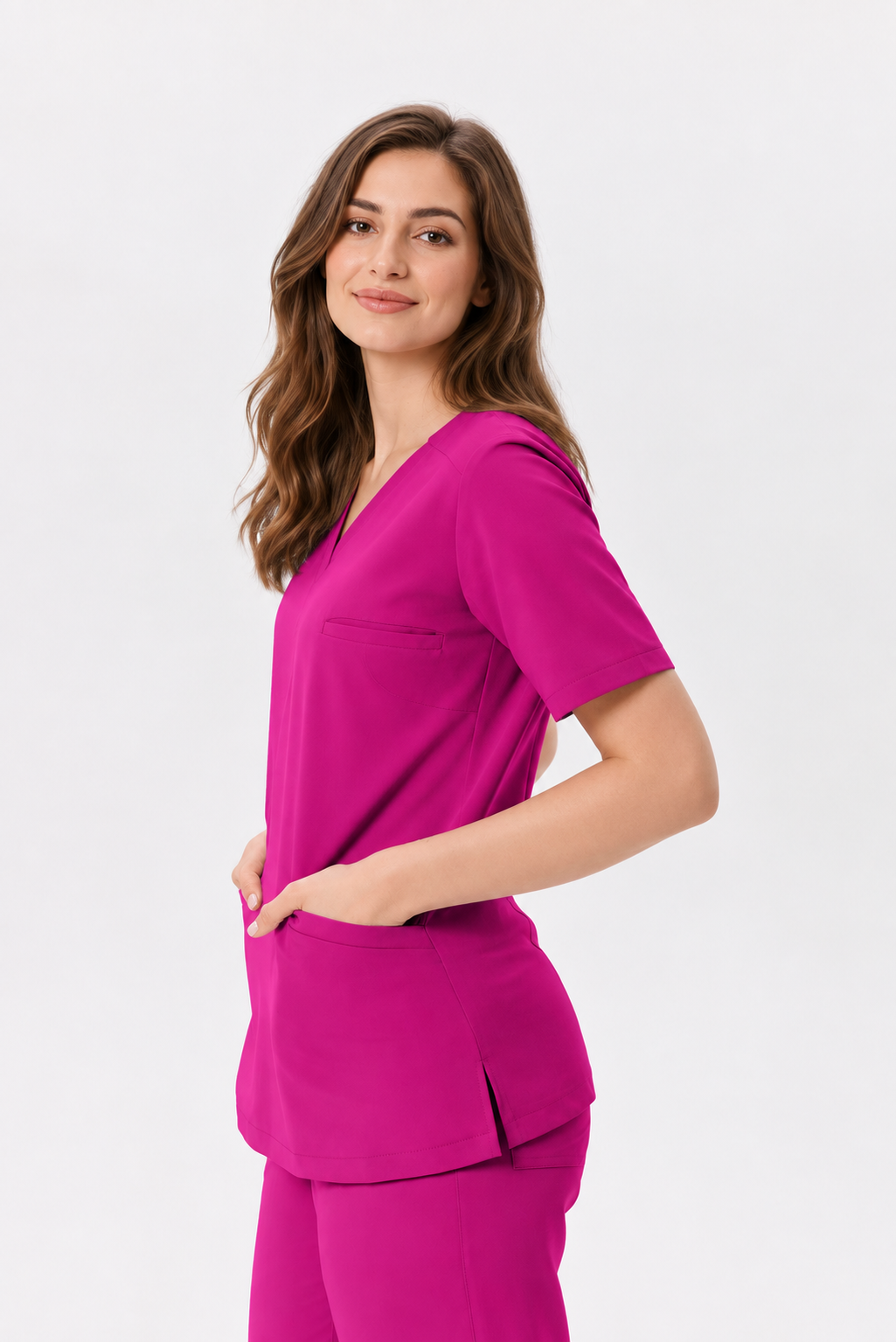 Bluza medyczna damska w serek Livia, kolor amarant, półprofil