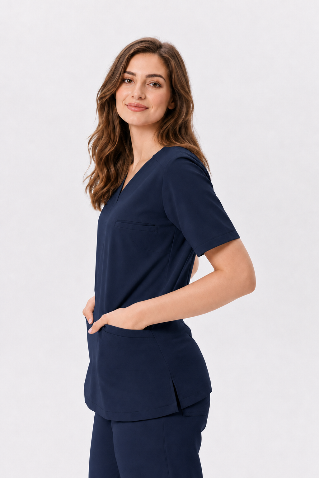 Bluza medyczna damska w serek Livia, kolor granatowy, półprofil